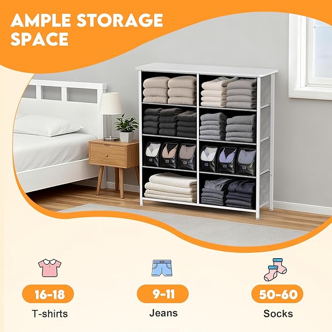 Curved Profile Dresser for Bedroom, Chest of Drawers, 8 Storage Drawers Organizer Unit, Brown Dresser with Fabric Bins for Closet, Living Room, Kid Room (White)