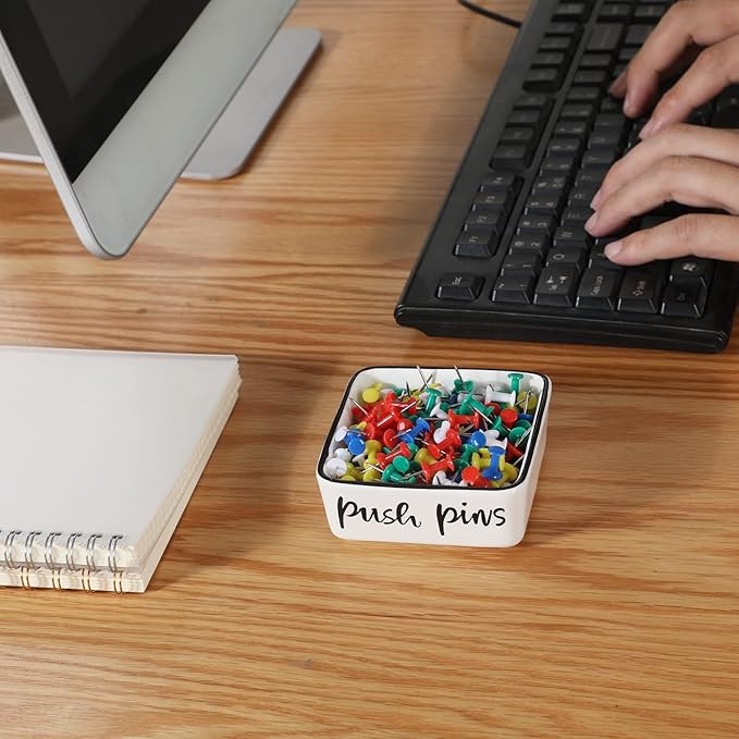 ONTUBE Farmhouse Square Push Pins Holders,Ceramic Binder Clip Dispenser Organizer for Desk, Cute Office Paper Clip Holder, 3.3 Inch (White)