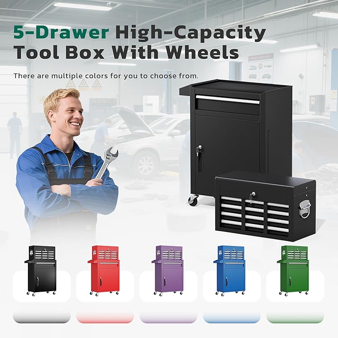 Greenvelly Tool Chest, 5-Drawer Rolling Tool Chest with Hooks and Lockable Wheels,Metal Storage Detachable Top Tool Box with Lockable Wheels for Garage,Workshop,Art Studio(Black)