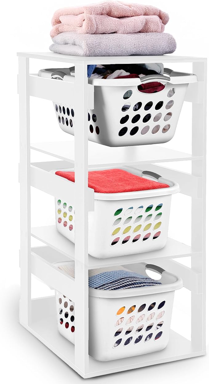 Laundry Basket Holder Shelf – Stackable Engineered Wood Laundry Tower, Tiered Hamper Organizer for Bathroom, Bedroom, Closet (White, 3 Tier)