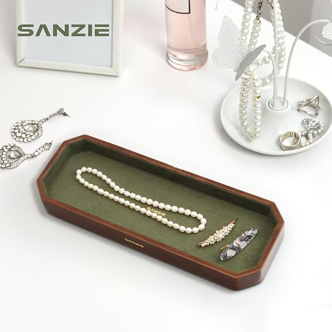 SANZIE Leather Tray Organizer Small Trays Decorative Tray Desktop Storage Premium Serving Tray Valet for Sundries Cosmetics Keys Phone Wallet Cutlery (Brown, Medium)