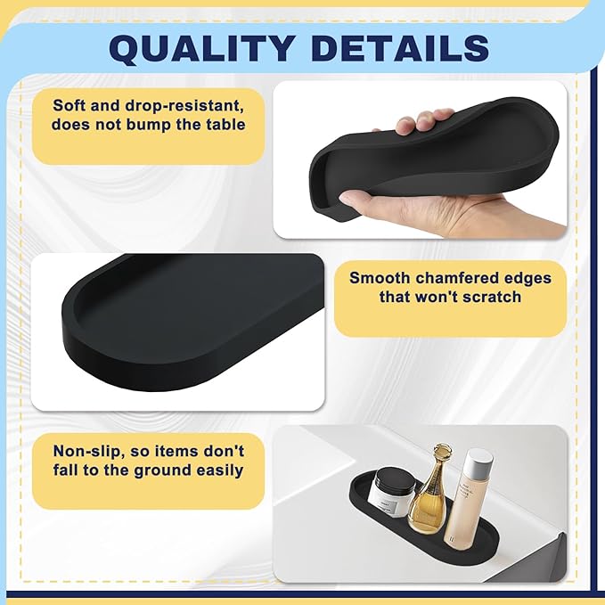 2 Pieces Silicone Shatterproof Bathroom Vanity Tray, 9.8" & 11.8" Oval Black Kitchen Counter Tray, Hand Soap Dispenser Tray, Toilet Top Perfume Trays for Dresser Holder Organizer (Black)