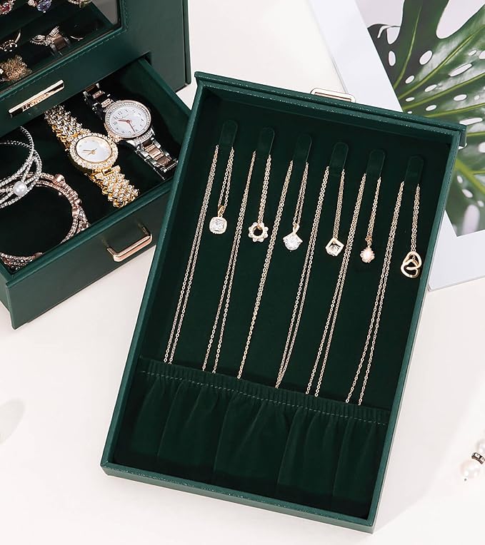 Homde Jewelry Organizer with Transparent Window Necklace Hooks Gift for Women Jewelry Box Display Case for Necklaces Rings Earrings Bracelets and Other Accessories (Forest Green)