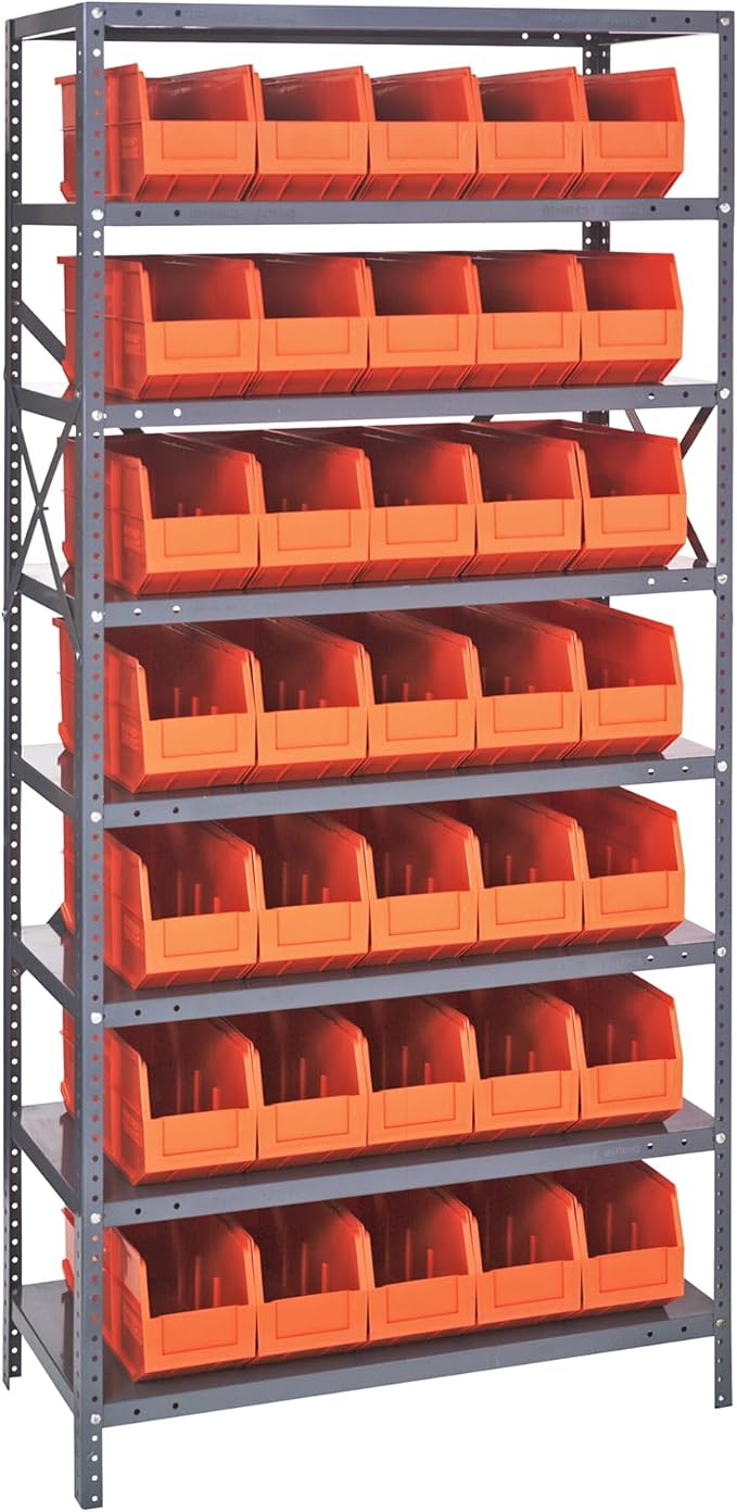 Quantum 1875-461OR Heavy Duty Shelving Unit with (8) Shelves and (35) SSB461 Orange Bins for Industrial Warehouse Storage Distribution | 400 lbs Capacity | 18"D x 36"L x 75"H, Galvanized Carbon Steel