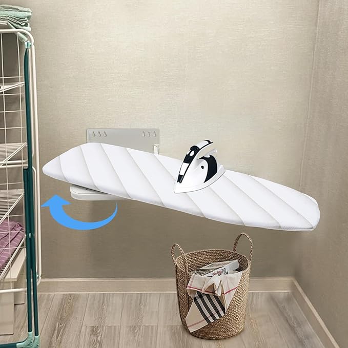 Wall Mounted Ironing Board Foldable Clothes Ironing Table Hiding 180 Degree Swivel Heavy Duty Ironing Board with a Washable Ironing Board Cover for Home Laundry Room (White)