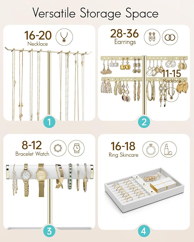 Vlando 3 Tier Jewelry Stand Organizer with Tary, Leather Jewelry Holder Display for Women, Gold Jewlery Holder Display for Necklace, Earring, Bracelet, Rings - White
