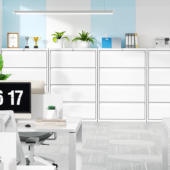 Bonusall 4 Drawer Lateral File Cabinet with Lock, Locking Metal lateral Filing Cabinet for Office Steel lateral File Cabinet, Large Horizontal File Cabinet Locked by Keys-White