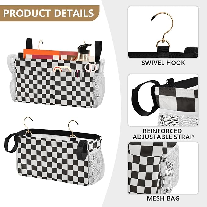 Checkered Black Bedside Caddy for Dorm Bed Bedside Hanging Caddy Bag Iron Frame Storage Organizer Pocket for Bunk Home College Hospital Beds 2 Hooks