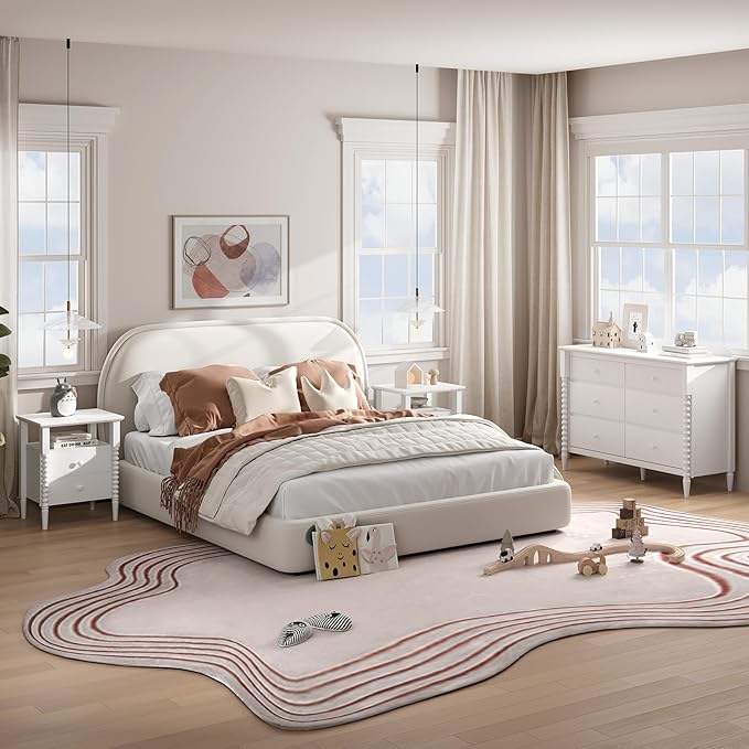 3 Piece Bedroom Set, Vintage 6 Drawer Dresser and Nightstand Sets for Bedroom, Night Stand Set 2 & Kids Dresser with Solid Wood Legs, Chest of Drawers Storage Cabinet Set, White