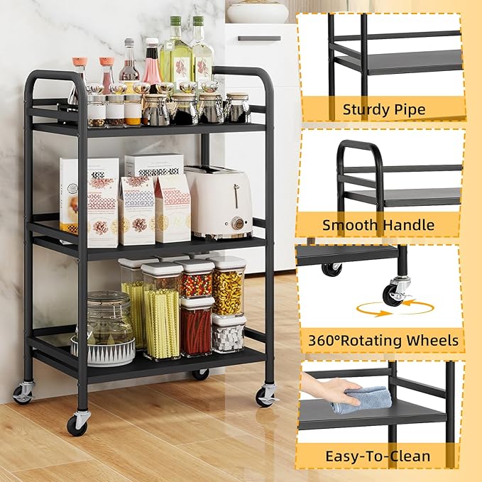 HDANI 3 Tier Rolling Cart Shelves,Heavy Duty Multifunctional Metal Frame-Supports 22 Lbs Per Tier,Rolling Cart with 2 Lockable Wheels for Home,Office,Kitchen,Bathroom,Bedroom,Black