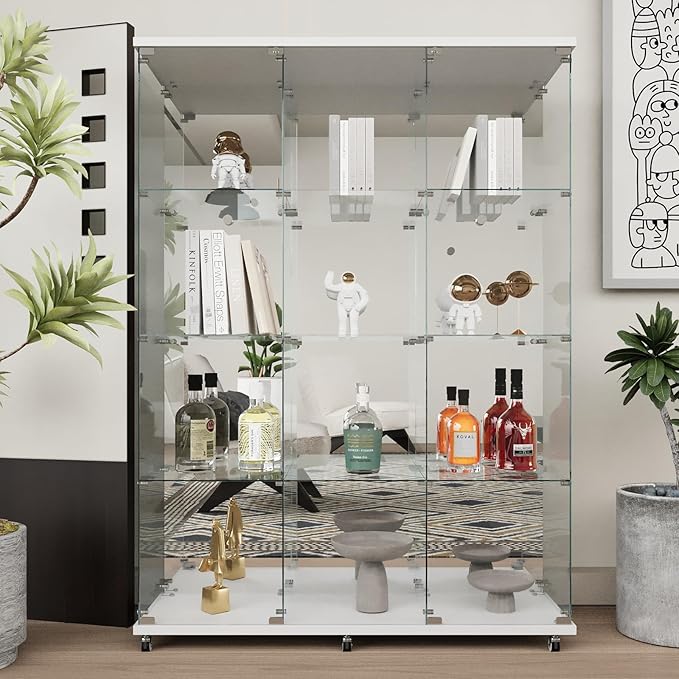 Beauty4U Glass Display Cabinet with Mirror Back Panel, 12 Shelves with 3 Columns, 2 Doors Curio Cabinets for Living Room, Bedroom, Office, White Floor Standing Glass Bookshelf, Quick Installation