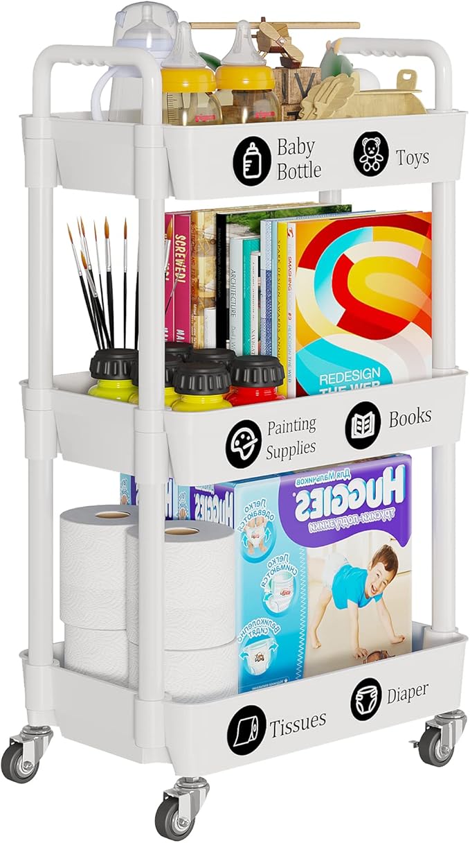 Laiensia 3-Tier Rolling Cart with Wheels,Multifunction Utility Storage Carts, Kitchen Storage Organizer,Mobile Shelving Unit for Bathroom,Laundry,with Classified Stickers,White