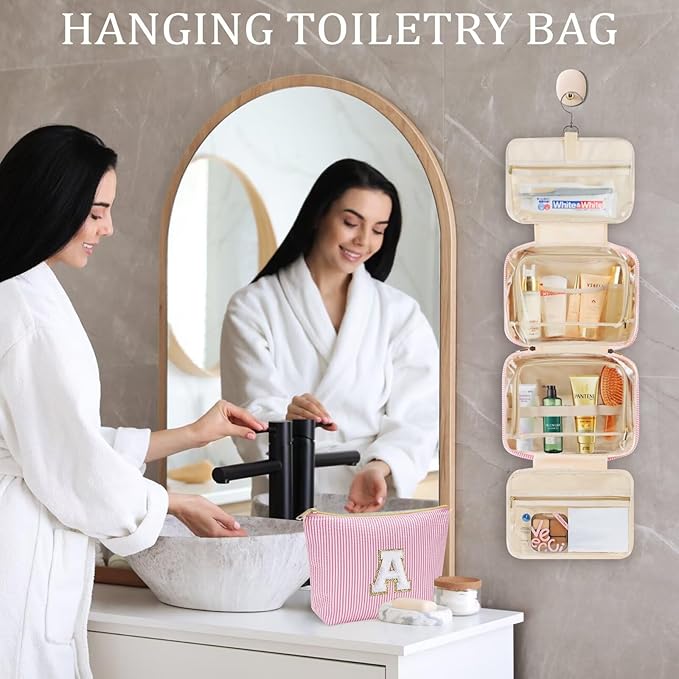 YOOLIFE Travel Toiletry Bag for Women - Hanging Toiletry Bag Makeup Bag, Portable Toiletries Cosmetic Bag, Airplane Travel Essentials - Letter O, Blue