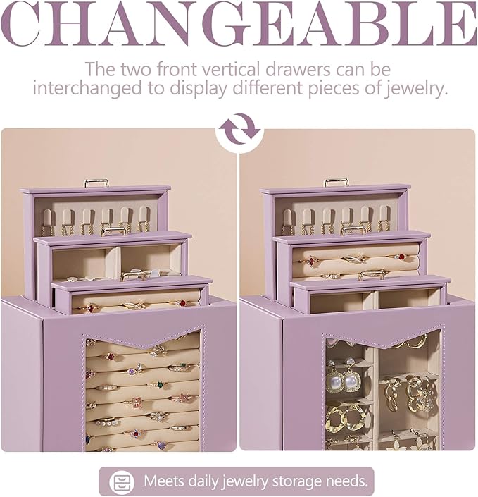 Homde Jewelry Organizer with Transparent Window Necklace Hooks Gift for Women Jewelry Box Display Case for Necklaces Rings Earrings Bracelets and Other Accessories (Grey Purple)