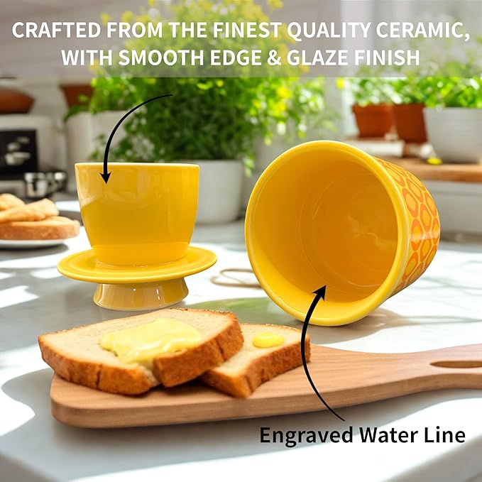 Butter Crock with Lid for Countertop, Butter Keeper Crock with Water, French Butter Dish Ceramic, Butter Holder with Lid for Spreadable Butter, Butter Container for Counter (Yellow Ovals)