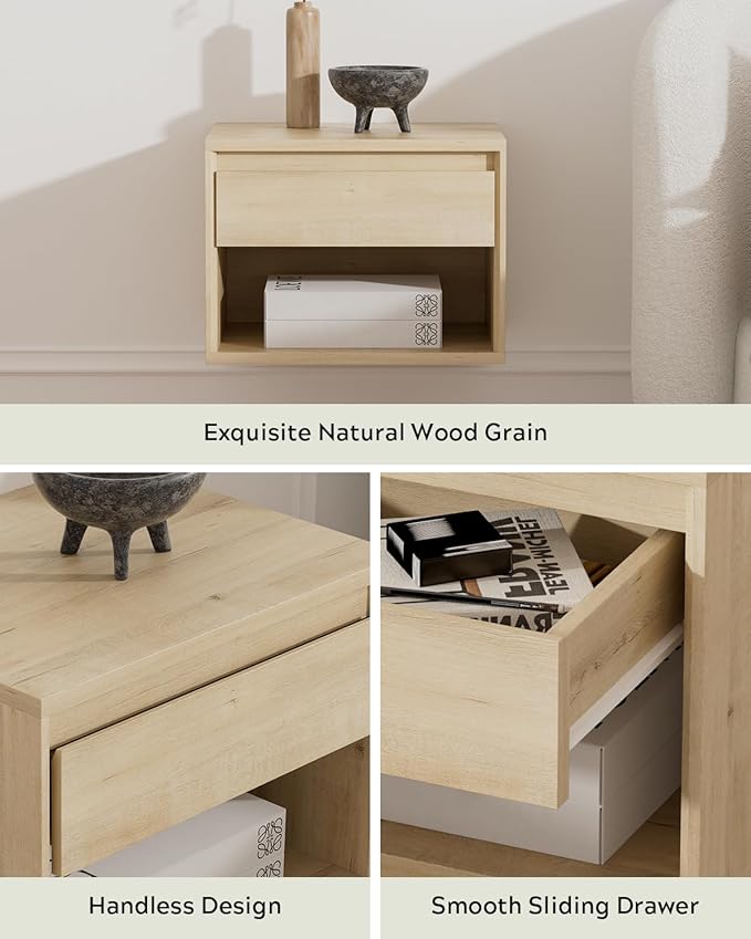 Floating Nightstand Set of 3, Wall Mounted Bedside Table with Storage Drawer and Open Shelf, Modern Night Stand withHandless Design for Living Room, Bedroom, Dorm, Light Oak