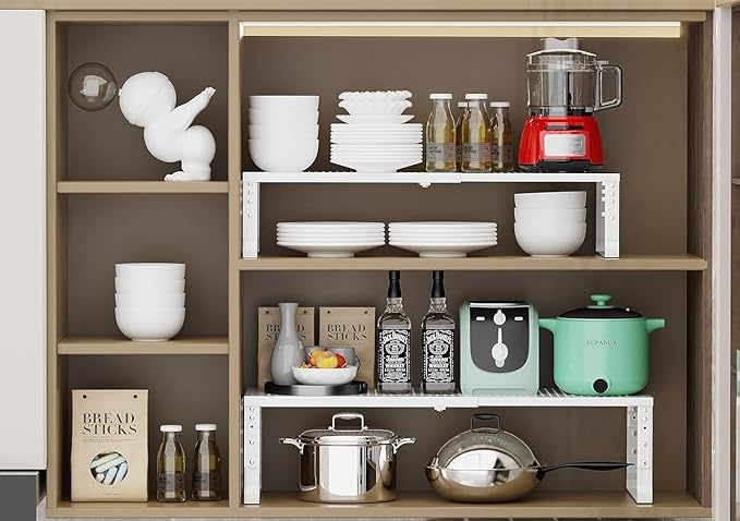 Expandable Cabinet Shelf Organizer Storage Spice Rack Shelves for Kitchen Stackable Adjustable Pantry Cupboard Bathroom Countertop Desktop(1Pack/White/Large-with Hole)