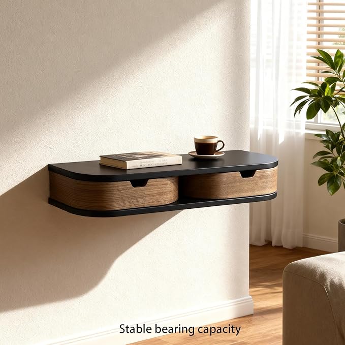 Floating Nightstand, Wall Mounted Bedside Shelf, Handmade Bedroom Furniture,21 Inch Bedside Table, Nightstand with Drawer (Black, Double Drawers)