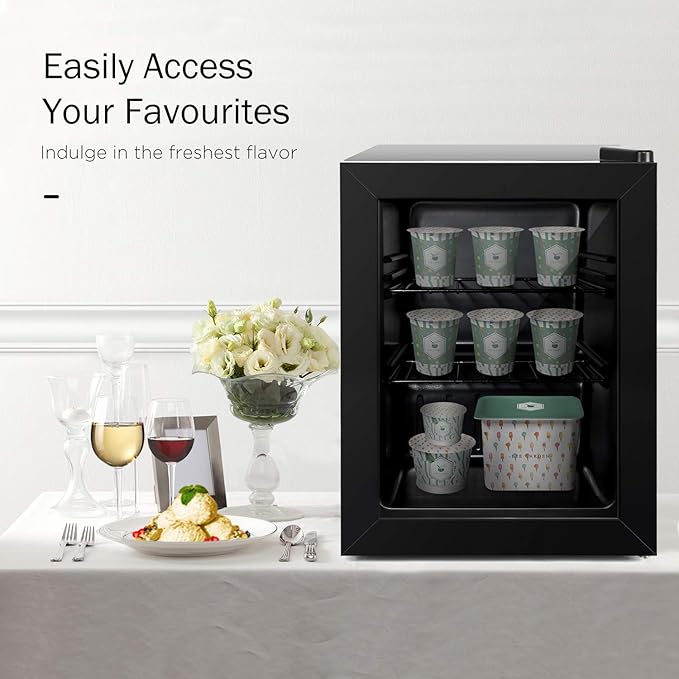 Compact Mini Freezer with LED Light 3-Layer Glass Display Door 2.1 Cu Ft with 2 Removable Shelves Quiet Upright Freezer 7 Temperature Settings Perfect for Liquor and Ice Cream