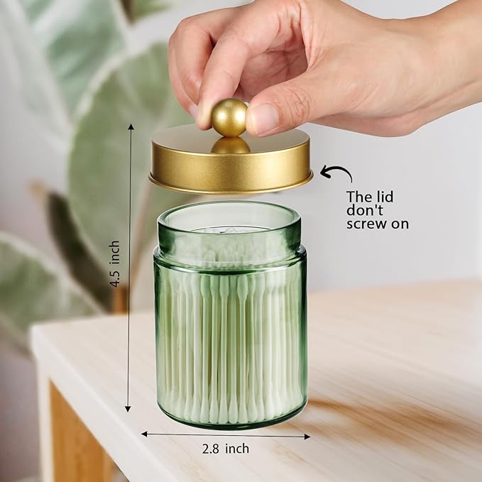 Amolliar Sage Green Glass Apothecary Jar, Qtip Holder Metal Lid & Stickers, Bathroom Qtip Holder Storage Canister, Farmhouse Decor for Cotton Balls, Swabs, Round Pads, Bath Salt, Floss, Gold 1 Pack