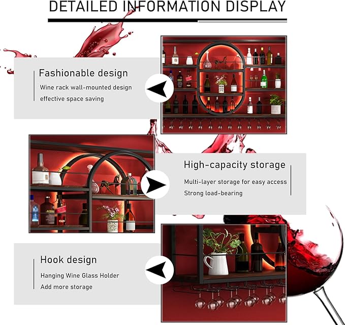 Large Wall Mount Wine Rack, Metal 4 Tier Large Capacity Hanging Bar Rack with Wine Glass Holder, Oval Wine Bottle Storage Display Rack for Kitchen, Living Room, Home (Black, 140cm/55.1in)