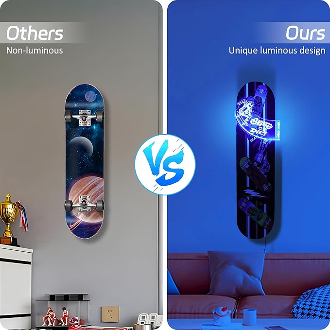 Light Up Skateboard Wall Mount, Acrylic Skateboard Rack with Skateboarding Pattern Blue LED Lights for Trick(Street or Vert) Board Longboard Penny board Storage and Display, Skater Gifts