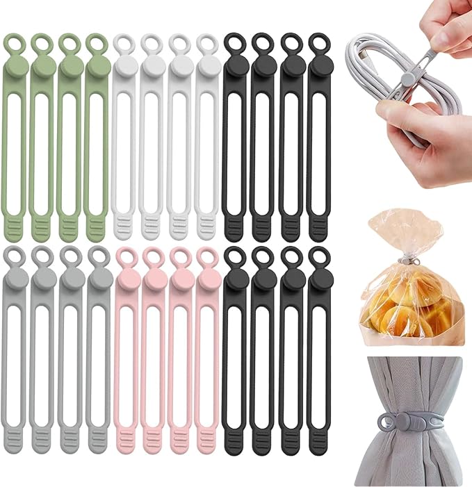 Data Cable Organizer, Silicone Cable Ties Reusable - Elastic Cord Organizer for Electronics, Adjustable Wire Ties for Cable Management,Computer Wires,Phone Charger,Earphone,Home Office (Mix, 30PCS)