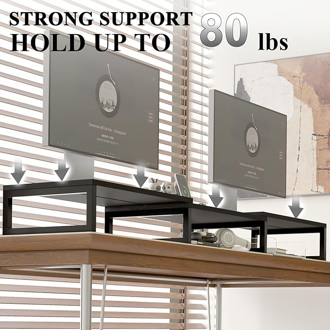 TEAMIX Desk Organizer Dual Monitor Stand Riser, Adjustable Computer Stand 45.5'' Long Desktop Shelf Office Organizer for Laptop,Printer,File,Keyboard Storage Ergonomic Design (Black)