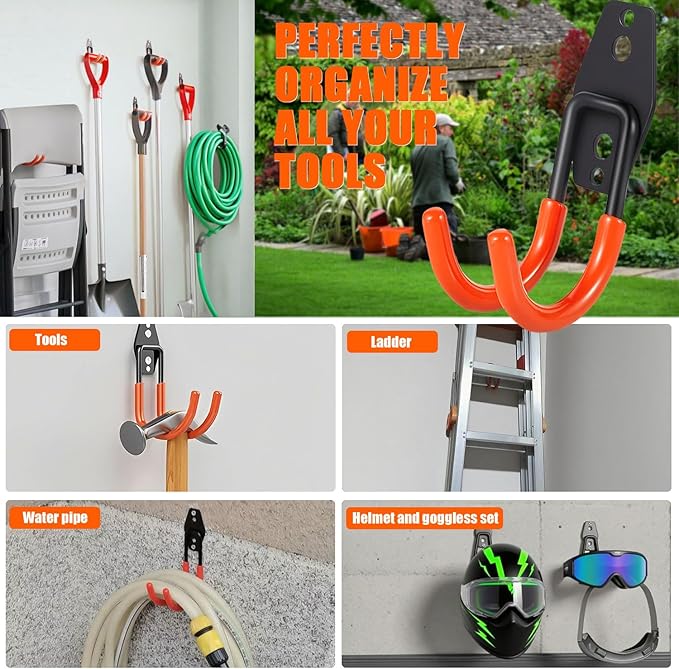 Heavy Duty Garage Storage Hooks, 4 Pack Utility Steel Garage Tool Organizer Wall Mount for Hanging Power and Garden Tools Ladders Hoses Bikes Ropes & Bulk Items