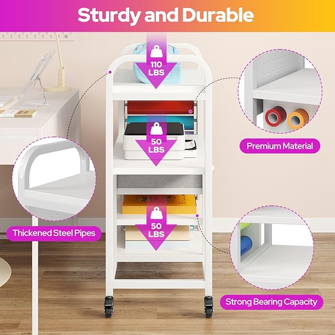 Craft Organization and Storage Cart, Large Rolling Craft Organizer Workstation with Vinyl Roll Holder & Hook up, Cutting Machine Stand Compatible for Cricut Machines, Craft Room