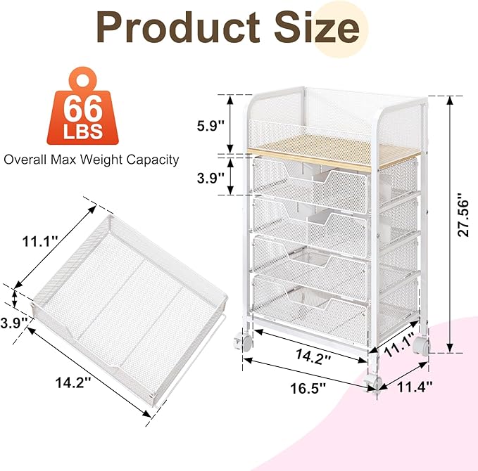 5-Tier Craft Organizer Cart with Wheels,Craft Organizers and Storage with Drawers,Lockable Wheels Rolling Utility Cart with DIY Divider,Office Supply Organizer,Ideal for Studio,Office,Bedroom,White