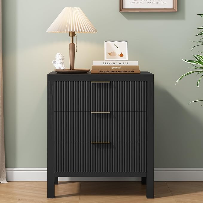 3 Drawer Dresser, Modern Wood Storage Chest of Drawers Organizer with Waveform Panel, Fluted Dresser with Wide Drawers and Golden Handles for Bedroom, Hallway, Entryway, Black