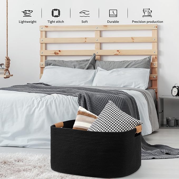 danpinera Large Woven Basket, 108 L Blanket Basket for Living Room, Nursery Bin for Toys Organizing & Laundry, Cotton Rope Hamper with Leather Handle, 25’’*16’’*16’’ Black