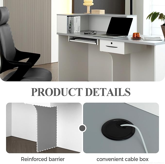 L Shape Reception Desk with Counter, Lockable Drawer, Keyboard Tray, and Double-Layer Storage for Salon, Office, or Clinic(White+Gray/Left, 63" L*24" W*39" H)