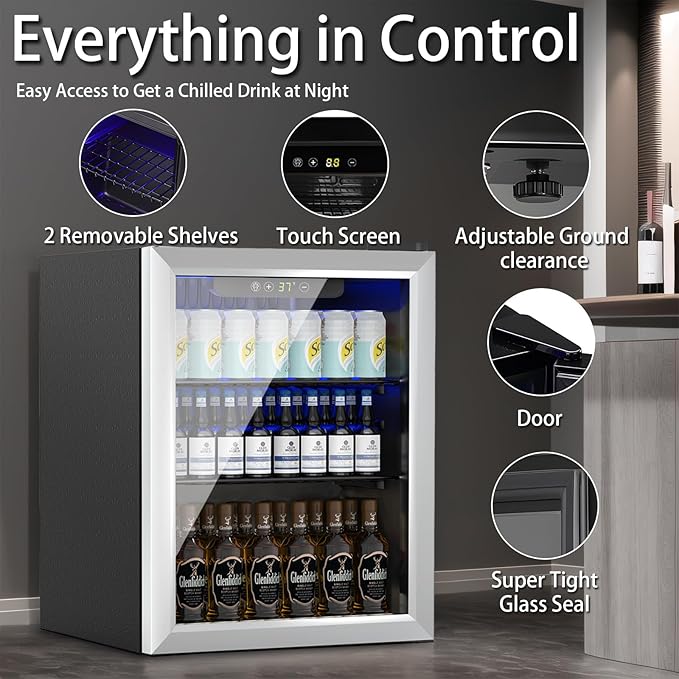 70 Can Mini Fridge - 1.7 Cu.Ft Beverage Refrigerator with Reversible Glass Door for Soda Wine Beer, Adjustable Temperature Control for Home Office Bar, Silvery(40-61 ℉)