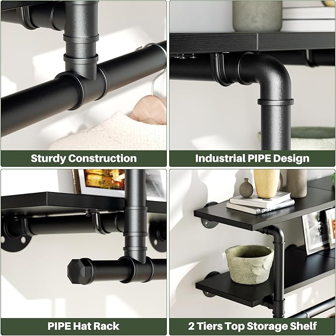 Aheaplus Industrial Pipe Clothes Rack with Top Shelf, 59In Space-Saving Wall Mounted Clothing Rack, 2 Tiers Heavy Duty Pipe Clothing Shelves with Hanging Rod for Laundry Room, Closet Storage, Black
