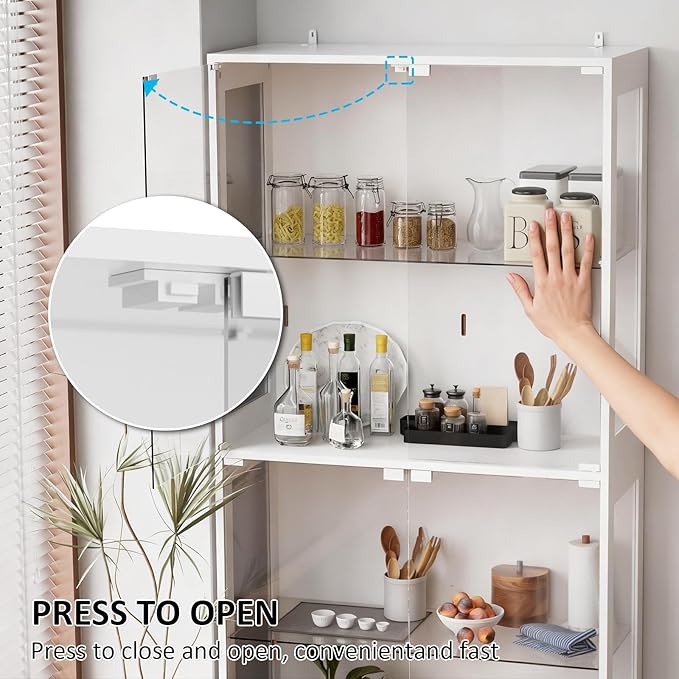 Display Cabinet with Glass Doors 4 Tier Glass Display Case with RGB LED Lights Display Cases for Collectibles Adjustable Shelves Display Case, for Game Room, Living Room, Bedroom, White