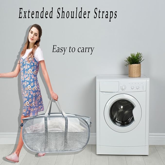 100L Collapsible Laundry Baskets 2 Pack, Extra Large Mesh Pop Up Laundry Hamper, Dirty Clothes Hamper with Reinforced Handles, Folding Hampers for Travel. Dorm or Home Portable Laundry Baskets. Grey