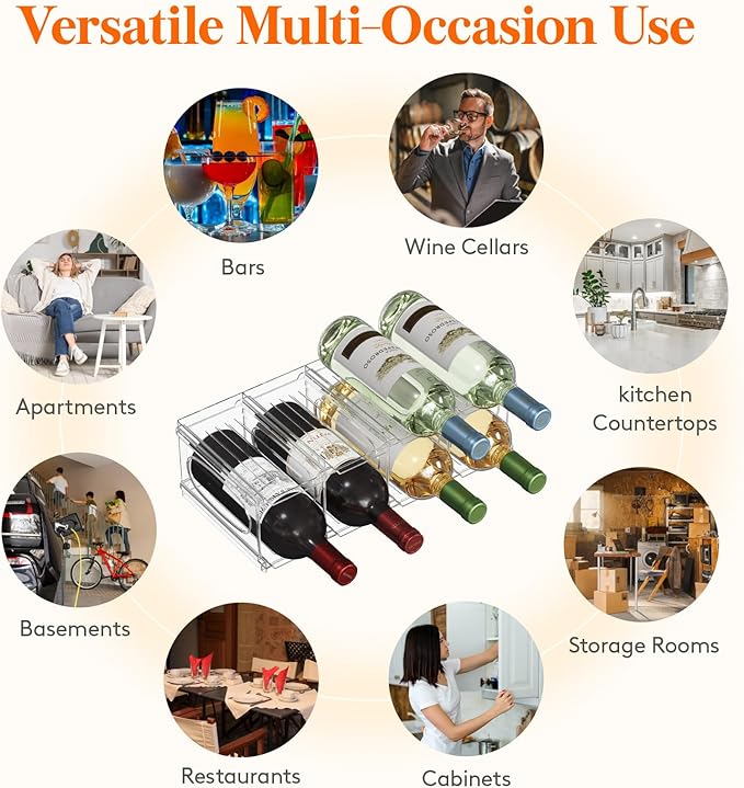Lifewit Wine Rack for Fridge, Stackable Wine Bottle Holder with Sturdy Support Insert & Reinforced Design, Plastic Bottle Organizer for Refrigerator, Cabinet & Pantry, Clear, Holds 8 Bottles