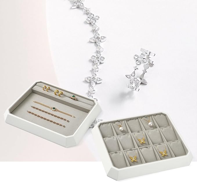 PU Leather Multifunctional Jewelry Display Tray Stackable Jewelry Organizer Tray for Accessory Trade showcase(Grey)