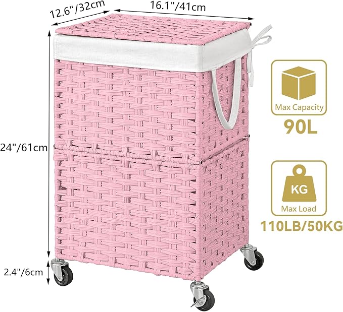 Chrislley 90L Slim Laundry Hamper with Wheels, Rolling Laundry Basket with Lid and Renovable Liner Bag, Handwoven Rattan Organizer for bedroom, bathroom, laundry room (Pink)