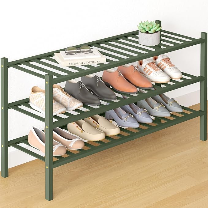 Smiry Bamboo Shoe Rack for Closet, 3 Tier Long Wooden Stackable Shoe Organizer, Free Standing Shoes Storage Shelf for Entryway, Front Door Entrance, Green
