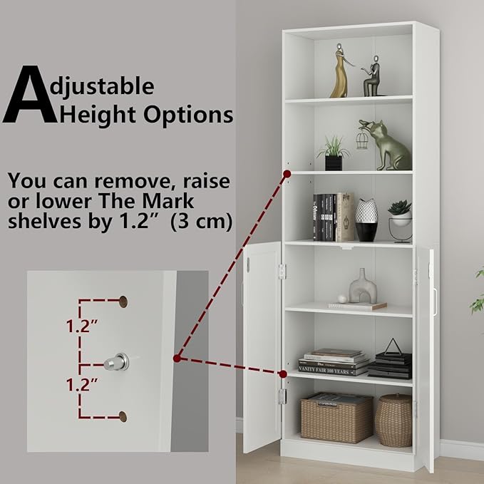Loomie Industrial Bookshelf with Door, 6 Tier Farmhouse Book Shelf with Adjustable Shelves,70" Tall Display Etagere Bookcase,Floor Standing Unit Book Case Furniture for Home Office,Living Room (White)