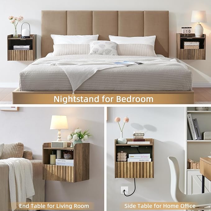 Modern Fluted Floating Nightstand Wall Mounted Set of 2- Bedside Table with Storage Drawer & Display Shelf, Minimalist Bedroom Furniture for Studio Apartments(Rustic Brown)