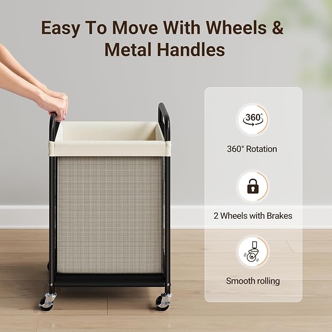 ELYKEN Laundry Basket with Wheels, 80L Rolling Laundry Hamper with Removable Liner Bag, Laundry Sorter with Metal Handle, Clothes Hamper Cart for Laundry Room, Bedroom, Bathroom and Dorm