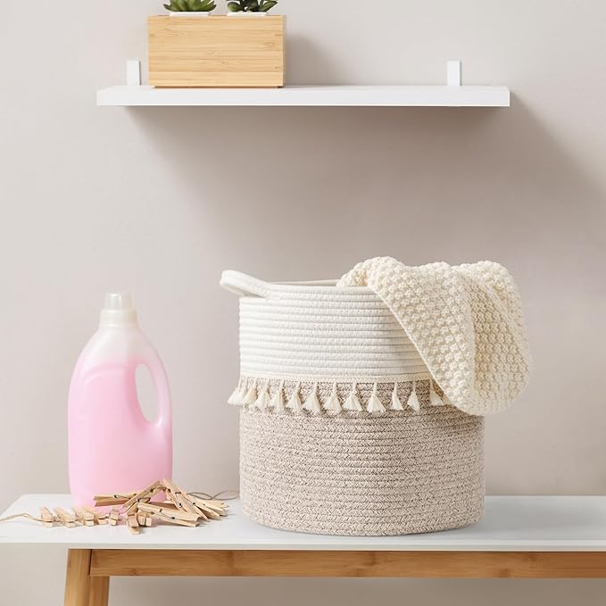 danpinera 11 Inch Storage Baskets Set of 3, Cotton Woven Baskets for Storage with Strong Handles & Stylish Tassel, Storage Bins, Decorative baskets for shelves, Nursery, Laundry, White & Mixed Brown