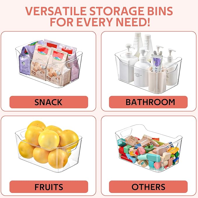 Clear Plastic Storage Bins - 12 Pack Pantry Organizers and Storage, Clear Pantry Organizer Bins, X-Large Plastic Containers with Handle for Kitchen,Freezer,Cabinet,Closet,Bathroom Under Sink