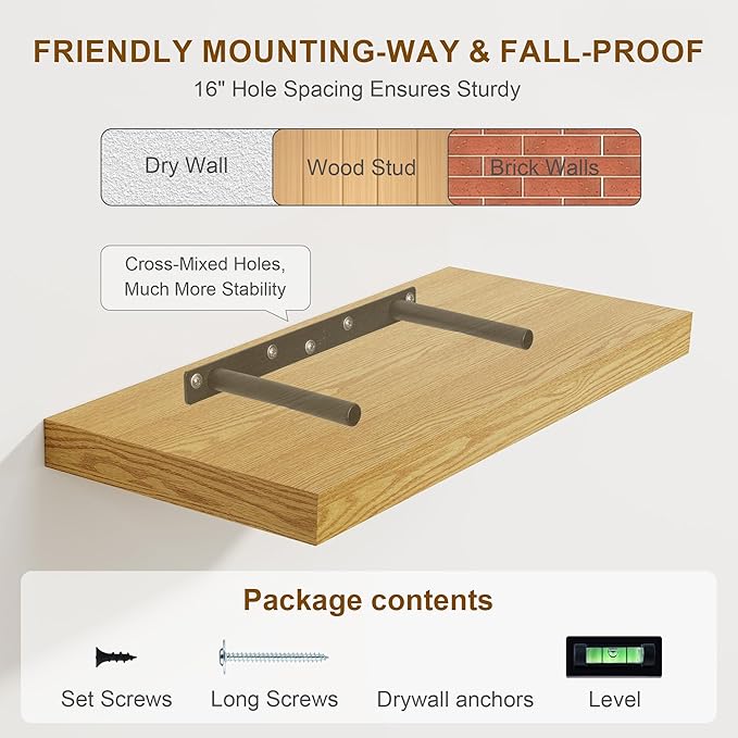 30 Inch Floating Shelves, Rustic Floating Wall Shelves 8 Inch Deep, 30 x 8 Floating Shelves for Home Decor, Deep Display & Storage Shelves for Kitchen, Bathroom, Living Room, Oak Color, Set of 2