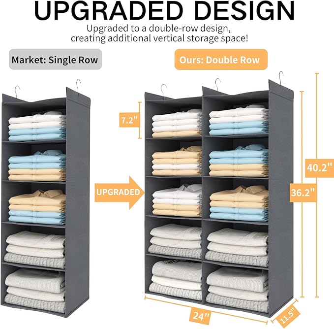 5 Shelves Hanging Closet Organizer – Foldable Dual-Row Hanging Clothes Storage with 3 Hooks, Space-Saving Closet Organizer and Storage for Sweater and Hats, Ideal for Dorms and Bedroom, Grey