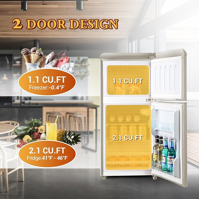 Retro Mini Fridge, 3.2 Cu. Ft. Small Refrigerator with Freezer Retro Style with 7-Level Adjustable Thermostat, Compact Vintage 2-Door Fridge for Apartments, Dorm, Office, Cream